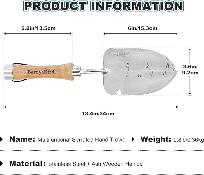Berry&Bird Weeding Trowel, Multi- Use Hand Shovel with Serrated Blade Stainless Steel Garden Trowel Plus Size Potting Trowel with Wooden Handle for Transplanting, Digging, Measuring, Cutting Roots