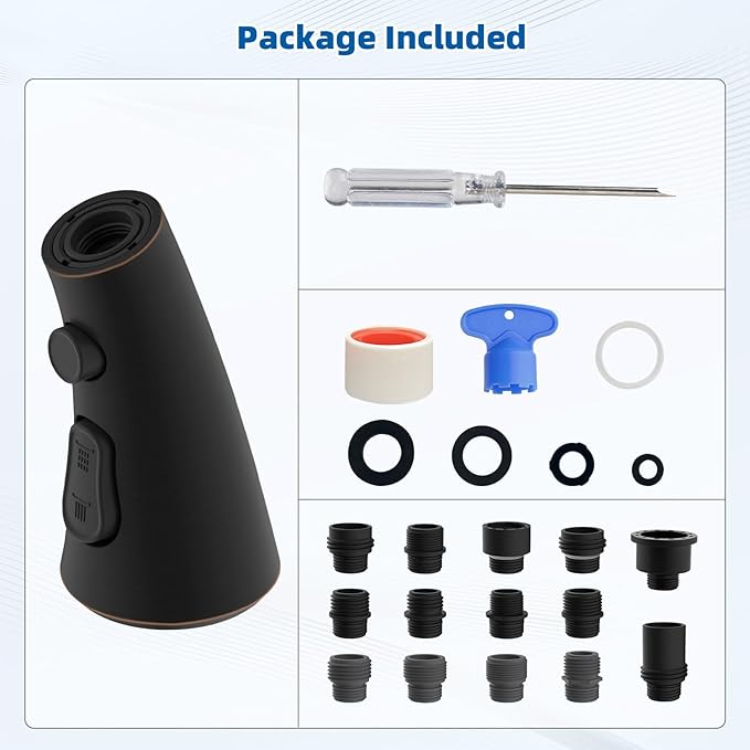 Hibbent Curved Pull Down Kitchen Faucet Head Replacement, 3-Function Kitchen Sink Spray Nozzle with 14 Adapters, Anti-Splash, Compatible with Kohler Bent Faucets, Oil-Rubbed Bronze