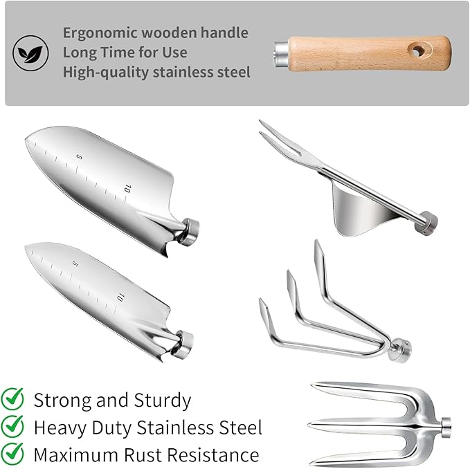 Garden Tools Set 9-Piece, Heavy Duty Stainless Steel Garden Hand Tools with Floral Tote Bag - Rust-Proof Garden Tools for Gardening, Gardening Gifts for Women Mom