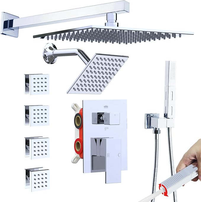 Enga Dual Shower Head Shower System with Body Jets, Wall Mount 10+6" Dual Rain Shower Head with 2 in 1 Handheld Spray for Two People, Shower Faucet Set with Valve Kit, Chrome