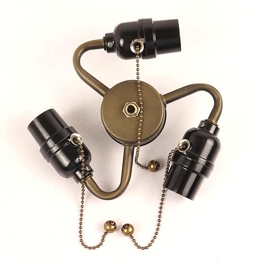Bieye SC08 E26 Light Socket Cluster with Pull Chain Switch and Electrical Wiring Accessories (3-Light, Antique Brass)
