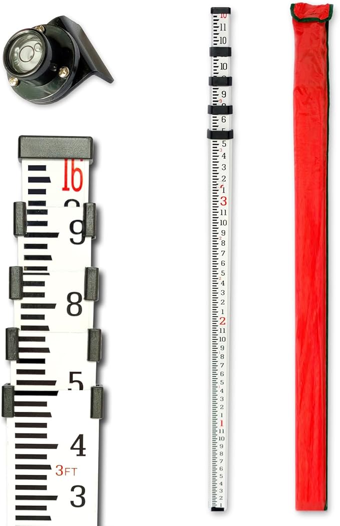 Grade Rod，16-Foot Aluminum Grade Rod - 10ths，Grade Stick,Grade Stick for Laser Level，Survey Rod，Grade Rods，Survey Pole，With Bubble Level, 5-Stage Telescopic，Double-Sided Scale Telescopic Leveling Rod