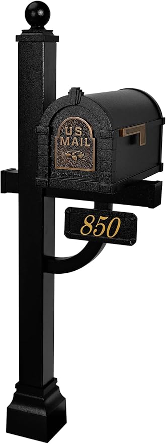 Gaines - Keystone Deluxe Post and Mailbox Package with Personalized Address Plaque and Decorative Cuff (Black with Antique Bronze Eagle)