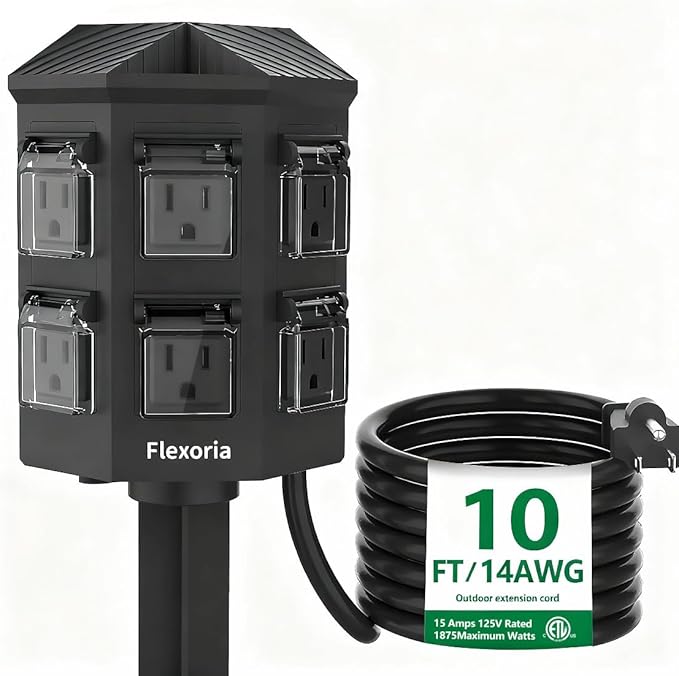 Outdoor Power Strip Waterproof, 10 FT Extension Cord, 6 Grounded Outlets for Halloween/Christmas Decorations and Inflatables, 15A/1875W, ETL Listed