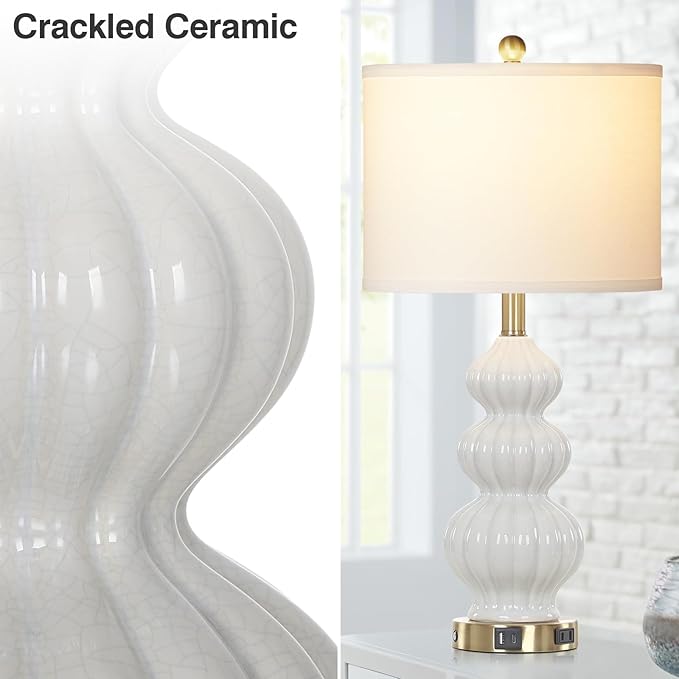 Triple Gourd Ceramic Table Lamps Set of 2, Modern White Bedside Lamps with USB A+C Ports & AC Outlet, 3 Way Touch Control Contemporary Nightstand Lamps for Bedroom Living Room