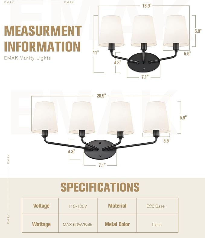 Emak Modern Black Vanity Light, Farmhouse Bathroom Light Fixtures with Flared White Fabric Shade, 3-Light Wall Sconces for Bathroom, Hallway, Bedroom, VL132-BK-WF-3