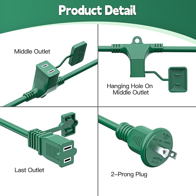 50FT Outdoor Extension Extension Cord for Halloween Christmas Inflatables with Multiple Outlets Green Electrical Cord with Multiple Plugs Outdoor Christmas Blow Up Decorations Light Extension Cords