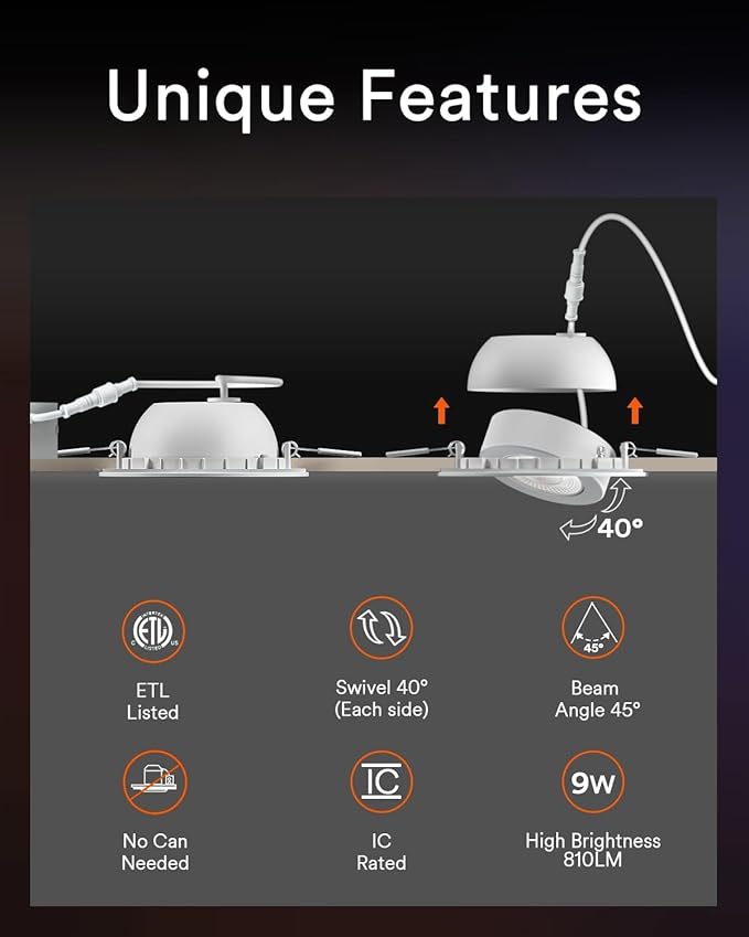 Lumary 4 Inch Smart Gimbal Recessed Lighting, 9W 810Lm ETL-Listed Eyeball Soffit Light, 40° Tilt Directional Color Changing LED Ceiling Downlight, Work with Alexa/Google Assistant, CRI 90+, 1Pack