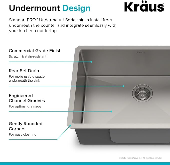 KRAUS Standart PRO 26-inch 16 Gauge Undermount Single Bowl Stainless Steel Kitchen Sink, KHU100-26