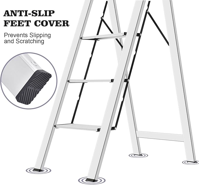 KINGRACK Aluminium 4 Step Ladder, Lightweight Step Stool with Non-Slip Pedals, Handrail, Foldable Step Ladder for Kitchen, Garage, Home, Space Saving, Sturdy and Portable, Silver