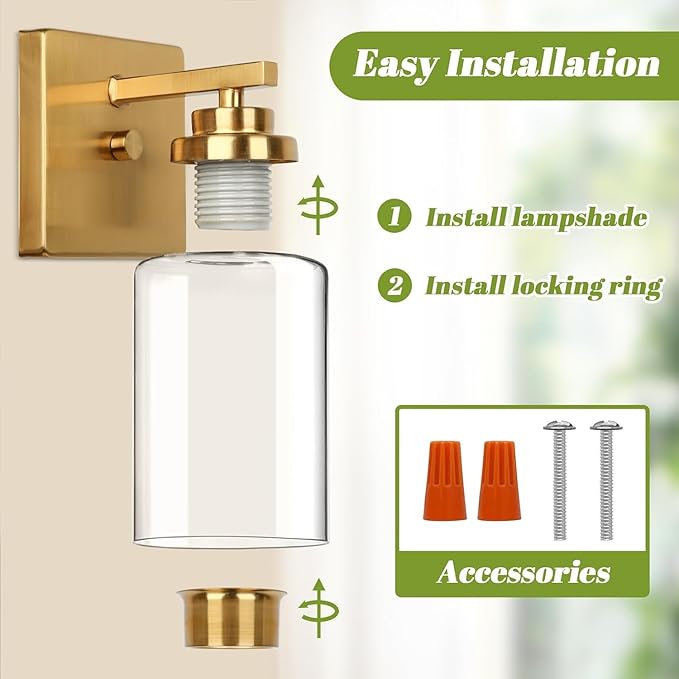 Modern Gold Wall Sconces,9'' Gold Brass Sconce, Bathroom Glass Wall Sconce
