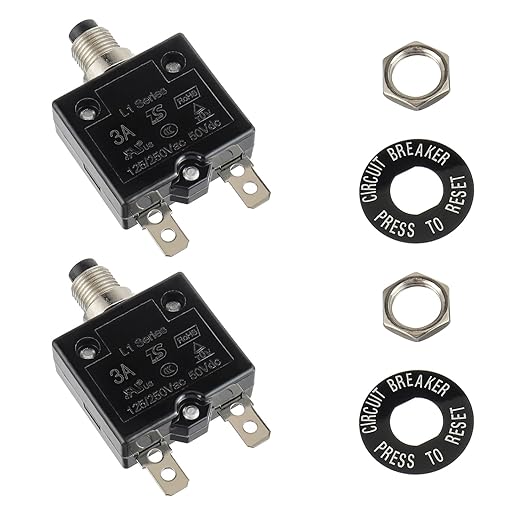 HUWREW 3 Amp Push Button Circuit Breaker 125-250V AC 50V DC L1 Series Manual Reset Thermal Circuit Breaker 3A Thermal Overload Protector (Pack of 2)