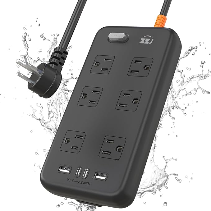 Outdoor Power Strip Weatherproof, IPX6 Waterproof Surge Protector with 6 Wide Outlets and 2USB A&2USB C, 1875W/15A, 6FT Extension Cord, Wall Mountable for Indoor Outdoor, UL FCC Listed