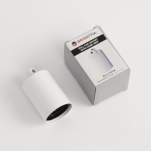 BRIGHTTIA E26 Light Bulb Socket with Cover & Cord Grip - Standard Screw-in Lamp Holder Socket Replacement for DIY Decorative Vintage Retro Industrial Edison Pendant Lighting - 2 Pack (Matte White)