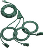 28Ft Outdoor Extension Cord, 1 to 3 Splitter Heavy Duty Weatherproof Power Cord, 16/3 SJTW, 3 Grounded Outlets Flat Plug for Patio, Garden, Halloween Displays, Christmas Lights, Green ﻿