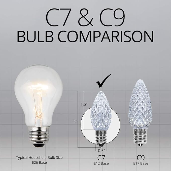 Wintergreen Lighting 25 Pack OptiCore C7 LED Christmas Light Bulbs - Replacement LED Christmas Lights Heavy Duty Premium Outdoor Christmas Lights, E12 Base (Cool White Faceted)