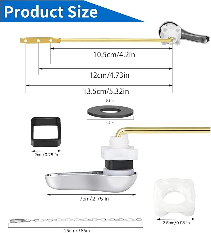 2PCS Toilet Handle Replacement Kit, Side Mount Universal Toilet Bowl Kit, Chrome Toilet Tank Trip Lever with Stainless Steel Rod & Flapper Chains for Most Toilets.