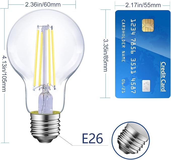 Energetic Dimmable LED Filament Light Bulbs, 8W, 60 Watt Equivalent, Daylight 5000K, Classic Clear Glass, A19 LED Light Bulb, 6 Pack