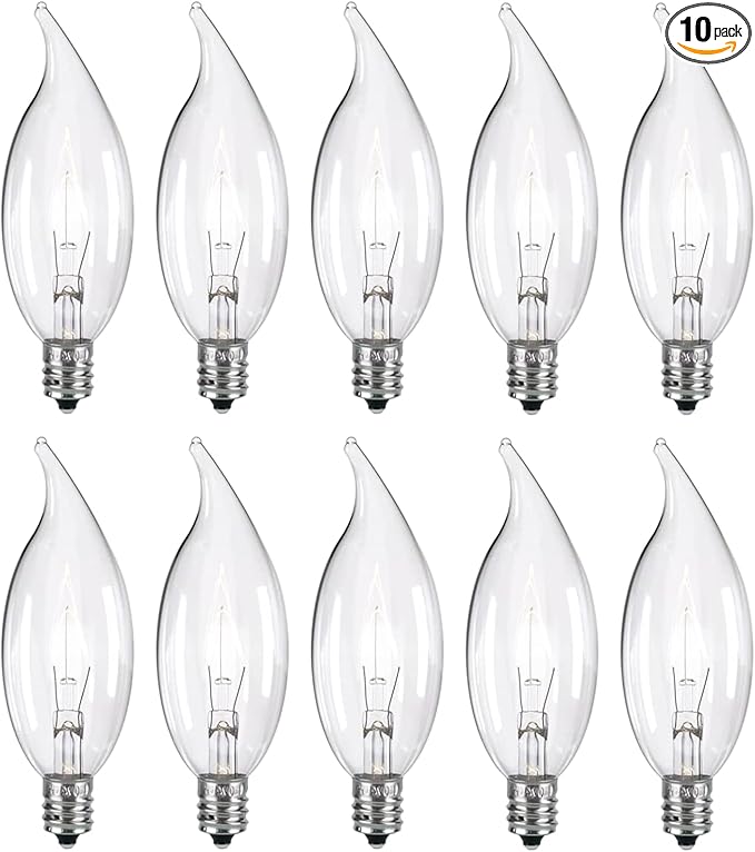 10-Pack E12 Base 60W B10 CTC Incandescent Clear Dimmable Light Bulbs Long-Lasting, Energy-Efficient, Transparent Candle Light Bulbs for Chandeliers, Ceiling Fans, Pendants, and Fireplaces