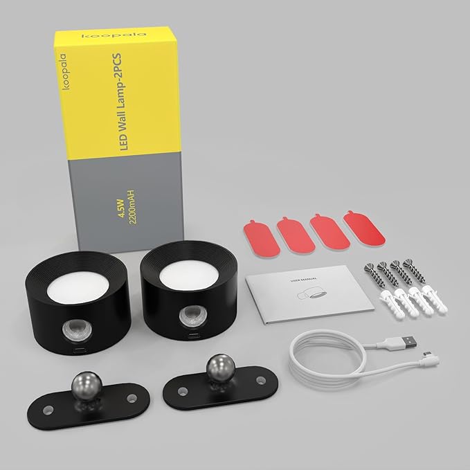 Koopala 2PCS Rechargeable Battery Operated LED Wall Lamps, Wall Mounted Lights with 3 Brightness 3 Color Temp Removable Charging 360°Rotate Magnetic, Cordless Wall Sconces for Reading Bedside-Black