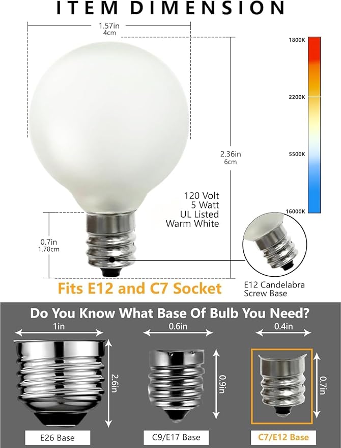 SUNSGNE G40 Globe Replacement Bulbs with Frosted White, 1.5 Inch -5 Watt -Screw Base -Fits E12 and C7 Sockets, 25 Pack