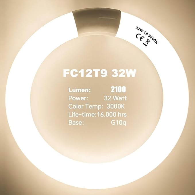 FC12T9/WW 32 Watt and FC8T9/KB 22W Set, 8 inch T9 22W and 12'' 32W Circular Fluorescent Light Bulbs Warm White, Circle Light Bulb 3000K, FC12T8/WW 3500 Lumen G10Q Base