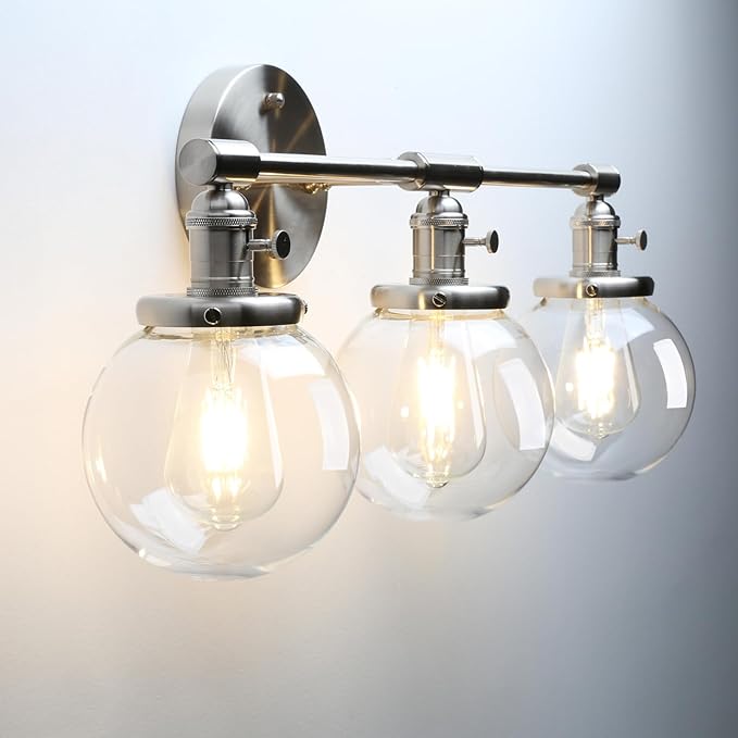 Phansthy 3-Light Wall Sconces Antique Brass Vanity Light, Industrial Wall Lamps with On Off Switch and Clear Glass Lampshade, Vintage Wall Lighting for Bathroom Living Room (Brushed, Globe Shade)