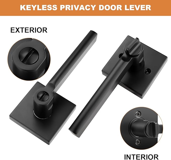 Probrico Privacy Black Door Handle Interior Lockset Heavy Duty Square Door Lever for Bedroom or Bathroom Reversible Keyless Slim Handleset Door Knob 8 Pack