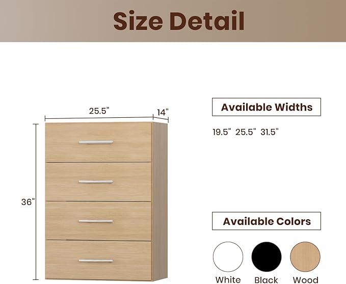 ROOMTEC 25.5" 4 Drawer Short Tower Closet Unit, Modular Closet System with Drawers and Shelf, Wardrobe Organizer for Bedroom or Walk-in Closet, Wall Mounted, Customizable Clothes Storage Unit, Wood