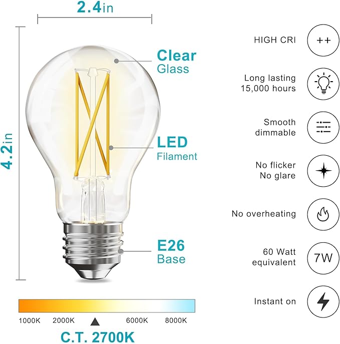 VOLIVO 12 Pack A19 Vintage LED Edison Bulbs, Dimmable, 60W Equivalent, High Brightness 2700K Warm White, 7W E26 Standard Base, CRI80+, 800 Lumens, Clear Glass Filament Bulb for Home, Farmhouse