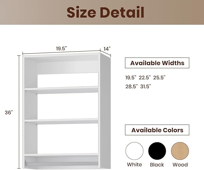 ROOMTEC 19.5" Medium Hanging Closet Unit, Modular Closet System with Hanging Rod, Wardrobe Organizer for Bedroom or Walk-in Closet, Wall Mounted, Customizable Clothes Storage Unit, White