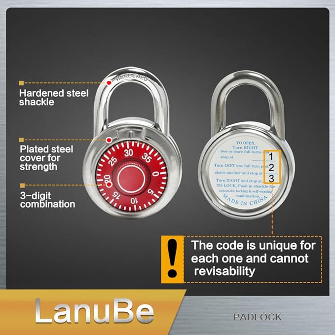 LanuBe Standard Dial Combination Lock, 2 in. Wide, with Different Combinations, Red Turnplate, Pack of 8; Lock for School, Employee, Gym Sports Locker, Case, Toolbox, and so on