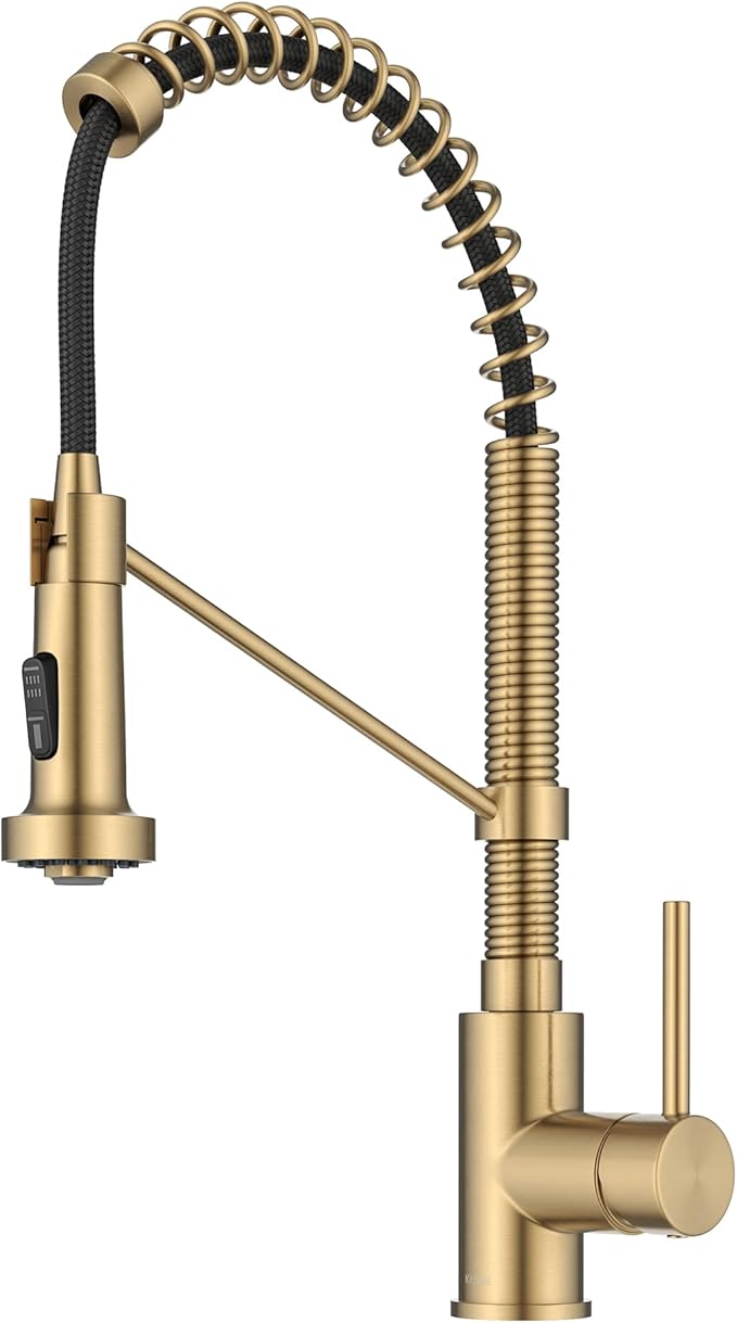 KRAUS Bolden Commercial Style 2-Function Single Handle Pull Down Kitchen Faucet in Spot-Free Brushed Brass, KPF-1610BB