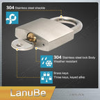 LanuBe 304 Stainless Steel Keyed Alike Padlocks for Outdoor use, Pin Tumbler Padlock, 2 inch Wide Body, Stainless Steel Body Normal Shackle, Pack of 2