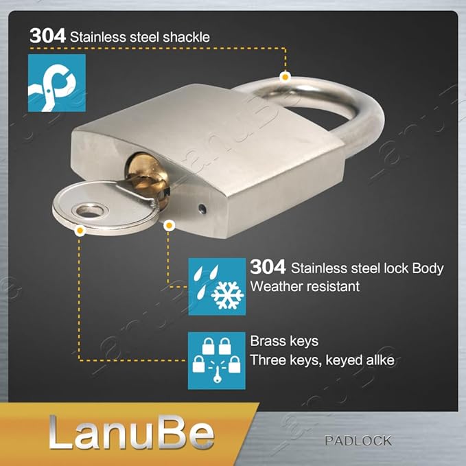 LanuBe 304 Stainless Steel Keyed Alike Padlocks for Outdoor use, Pin Tumbler Padlock, 2 inch Wide Body, Stainless Steel Body Normal Shackle, Pack of 2