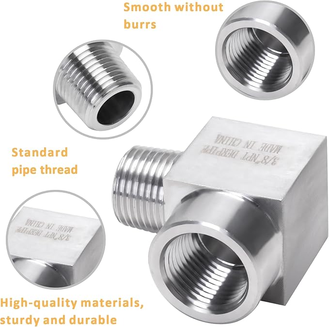 90 Degree Street Elbow - 3/8" NPT Male to 3/8" NPT Female Stainless Steel 304 Heavy Duty Forged Square Barstock Street Elbow Adapter Pipe Fitting (pack of 5)