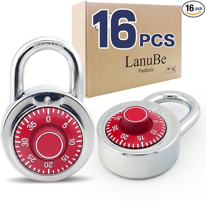 LanuBe Standard Dial Combination Lock, 2 in. Wide, with Different Combinations, Red Turnplate, Pack of 16; Lock for School, Employee, Gym Sports Locker, Case, Toolbox