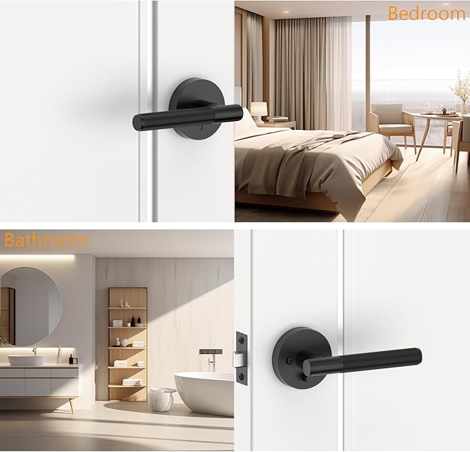 Amerdeco 5 Pack Matte Black Door Handles Interior, Knurled Privacy Door Handles with Lock, Heavy Duty Black Door Lever for Bedroom or Bathroom, Reversible Keyless for Left Right Handed Doors AM0016