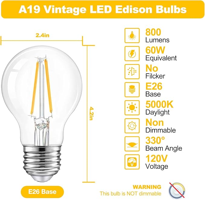 dalattin A19 Vintage LED Edison Bulbs, 60W Equivalent Light Bulbs, 2700K Soft White, Clear Glass Filament Bulb, Efficient 8W, E26 Base, 800 LM, CRI80+, Non-Dimmable for Home, Farmhouse, 24 Pack