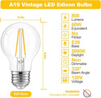dalattin A19 Vintage LED Edison Bulbs, 60W Equivalent Light Bulbs, 2700K Soft White, Clear Glass Filament Bulb, Efficient 8W, E26 Base, 800 LM, CRI80+, Non-Dimmable for Home, Farmhouse, 6 Pack