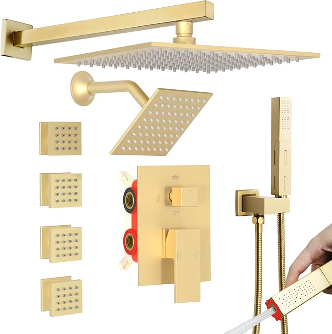 Enga Dual Shower Head Shower System with Body Jets, Wall Mount 10+6" Dual Rain Shower Head with 2 in 1 Handheld Spray for Two People, Shower Faucet Set with Valve Kit, Brushed Gold