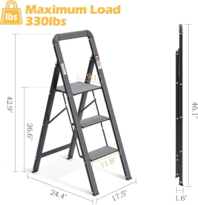 KINGRACK Aluminium 3 Step Ladder, Lightweight Step Stool with Non-Slip Pedals, Handrail, 330 LBS Foldable Step Ladder for Kitchen, Garage, Home, Space Saving, Sturdy and Portable, Black