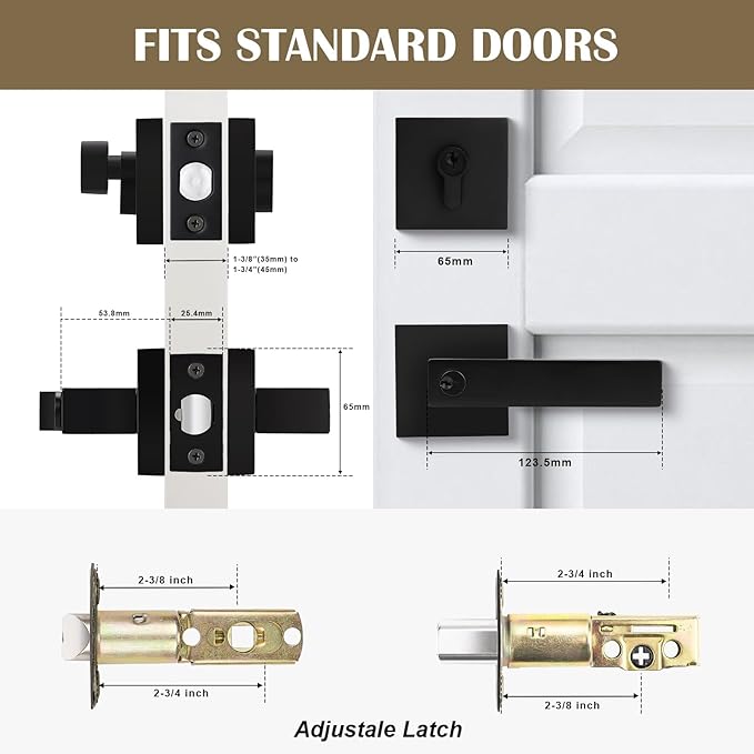 1 Pack Keyed Entry Door Lever and Single Cylinder Deadbolt Set, Keyed Alike Reversible Lockset, Matte Black Square Interior/Exterior Handleset for Bedroom, Front Door