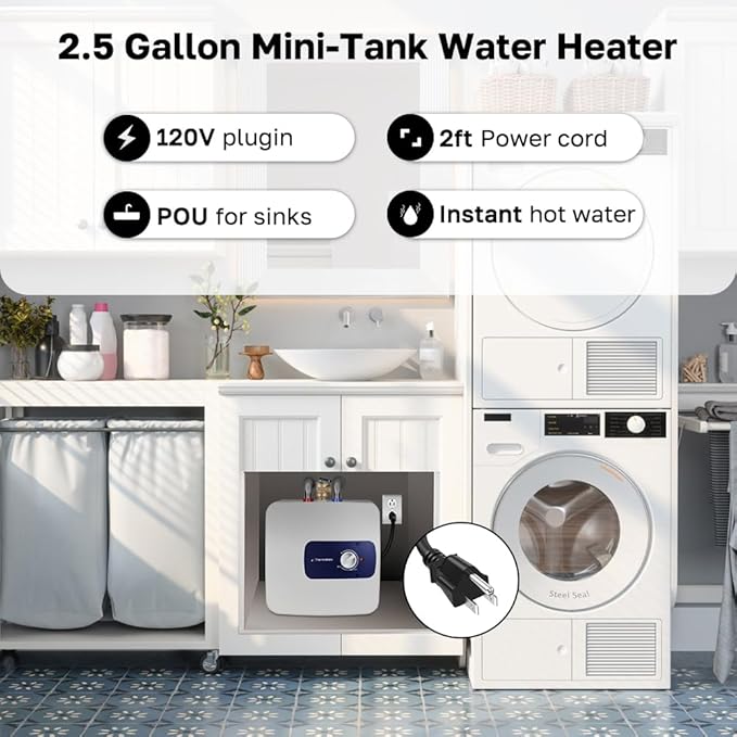 Electric Mini Tank Water Heater UL Listed, ThermoMate 2.5 Gallons Small Under Sink Water Heater for Point of Use Instant Hot Water 110V 120V, Wall or Floor Mounted, ES250