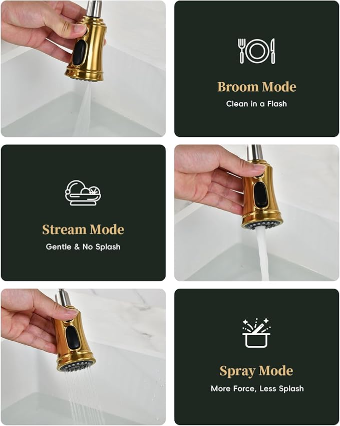 DAYONE Antique Brushed Gold Kitchen Sink Faucet with Pull Down Sprayer, 3 Modes Stainless Steel Spring Vintage Sink Faucet for Farmhouse Kitchen Bar Camper 1 or 3 Holes Single Handle