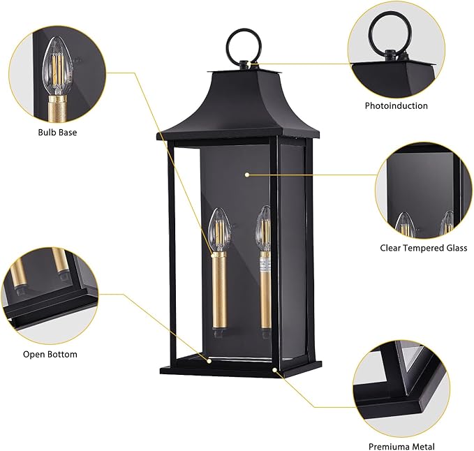 21In Large Dusk to Dawn Outdoor Wall Lights Fixture, 2-Light Black Gold Exterior Lighting Fixtures, Weather Resistant Patio Wall Light Fixture for Porch, Garage, Entrance, Backyard E12 Base