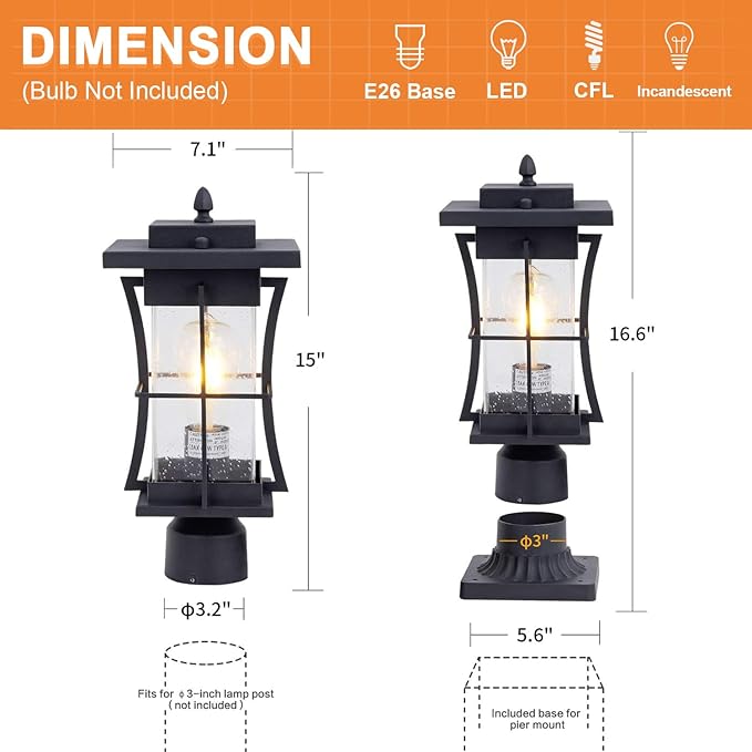 Dusk to Dawn Outdoor Post Light Fixture Waterproof Pole Mount Light with Pier Mount Adapter, Black Finish with Seeded Glass Outdoor Post Lantern for Patio, Garden, Porch and Backyard