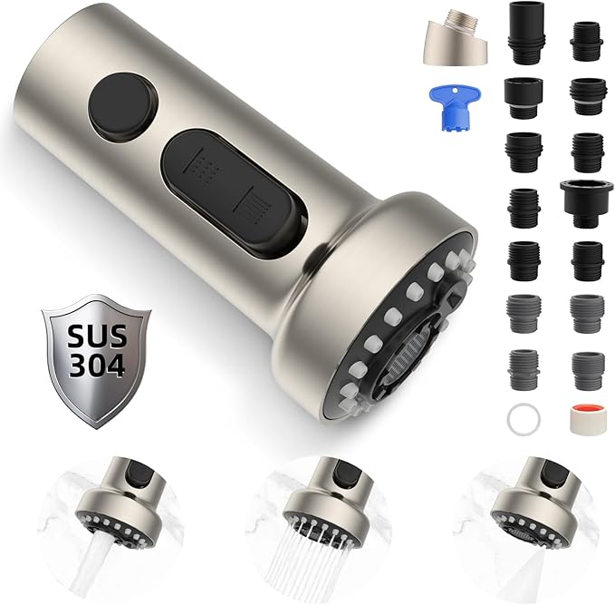 Hibbent Stainless Steels Pull Down Kitchen Faucet Head Replacement, 3 Function Sink Faucet Sprayer Head with 15 Adapters, Compatible with Moen, American Standard, Delta, Kohler Faucets, Brushed Nickel