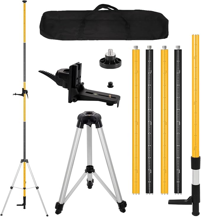 12 Ft./3.7M Laser Level Pole, Telescoping Laser Pole with Tripod and 1/4-Inch by 20-Inch Laser Mount, 5/8"-11 Threaded Adapter, Adjustable Laser Level Mounting Pole for Rotary and Line Lasers
