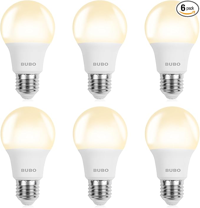 BUBO A19 LED Light Bulbs, 60 Watt Equivalent LED Bulbs, Warm White 3000K, 800 Lumens, E26 Standard Base, Non-Dimmable, 8W Warm White LED Bulbs for Bedroom Living Room Home Office, 6 Pack